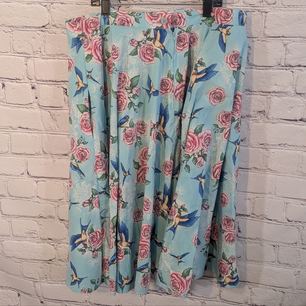 Hell Bunny Vixen Blue Floral Skirt With Birds - Picture 3 of 7